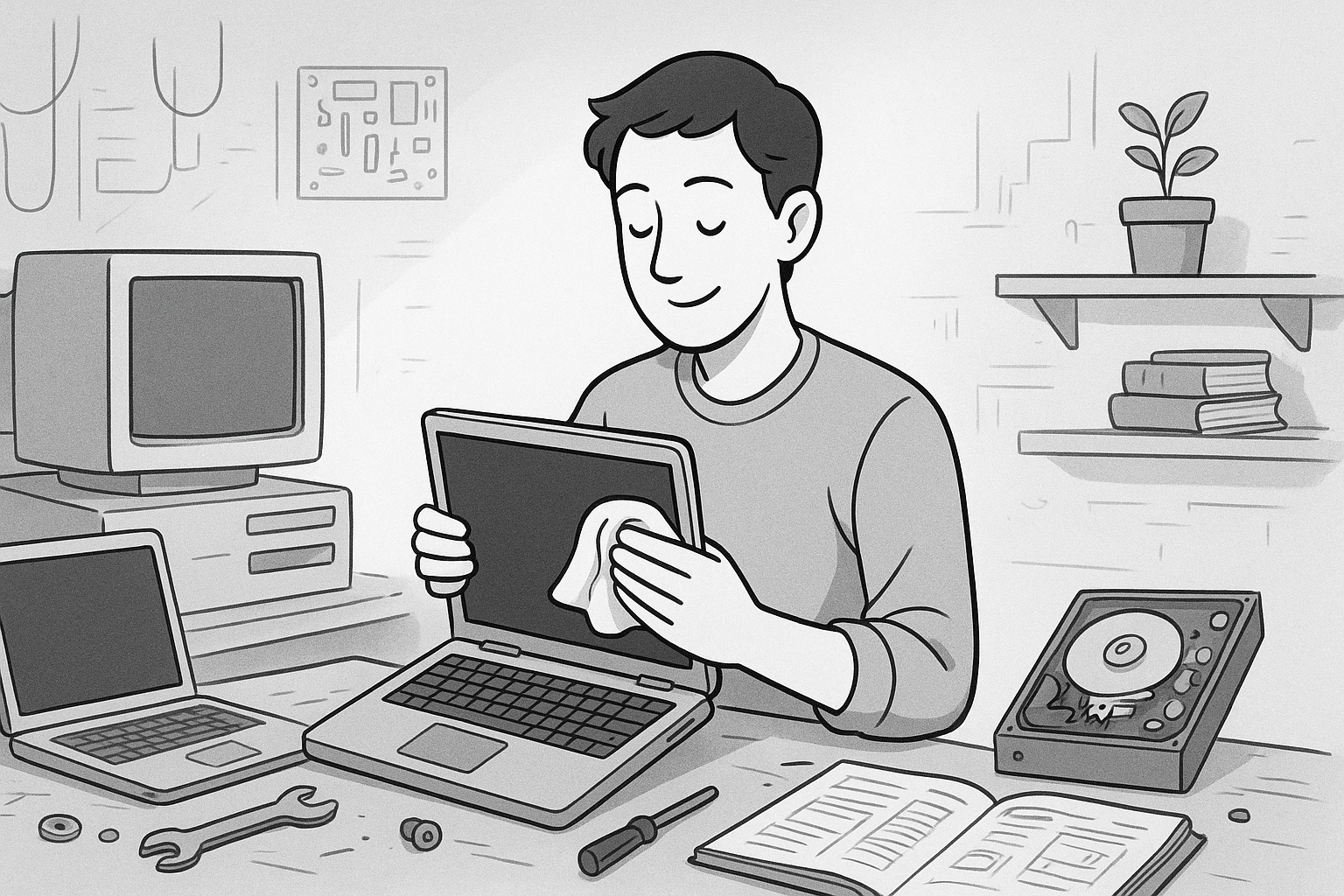 A person in a sunlit workspace, calmly repairing an older laptop, surrounded by tools, plants, and well-used computers—conveying care and longevity.