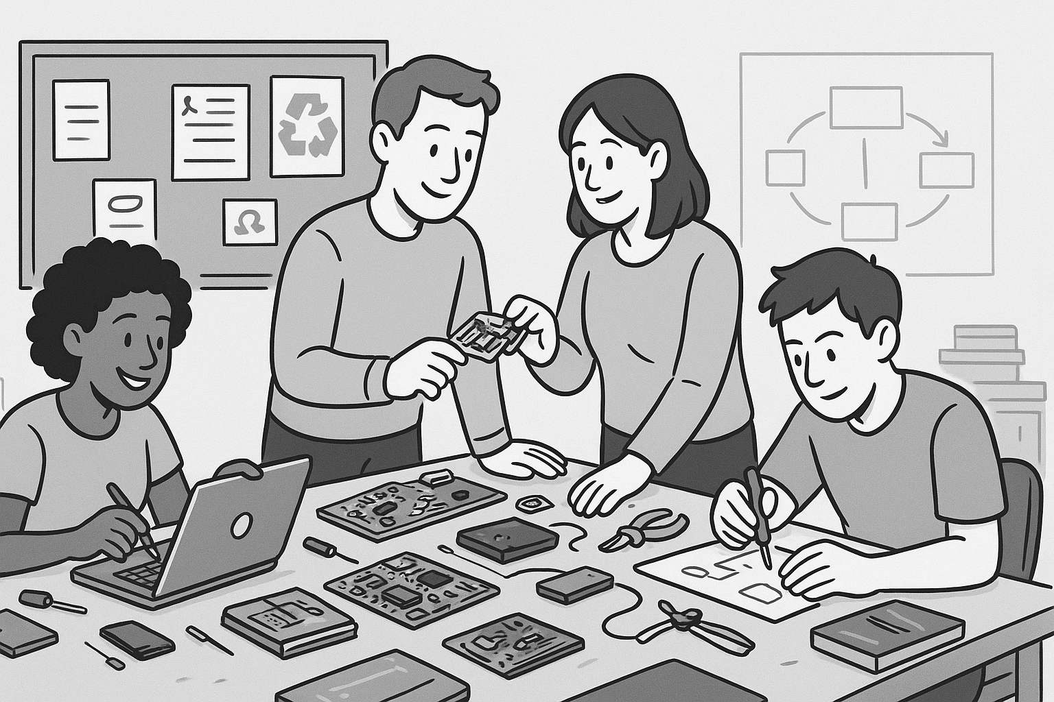 A group of people collaborate at a workbench, repairing and sharing second-hand tech, with a bulletin board of community messages in the background—conveying sustainability and community.