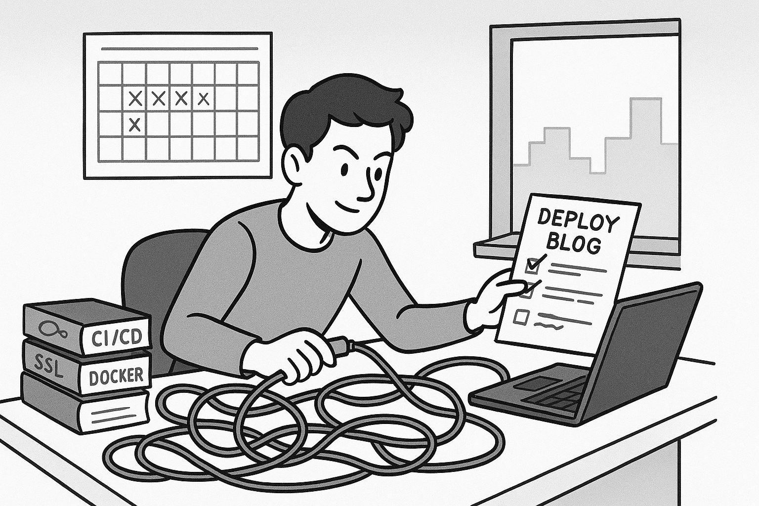 Person at a cluttered desk with cables, laptop, tech books, and a checklist, mid-action plugging in a cable; upbeat, comic-style scene of learning DevOps by doing.
